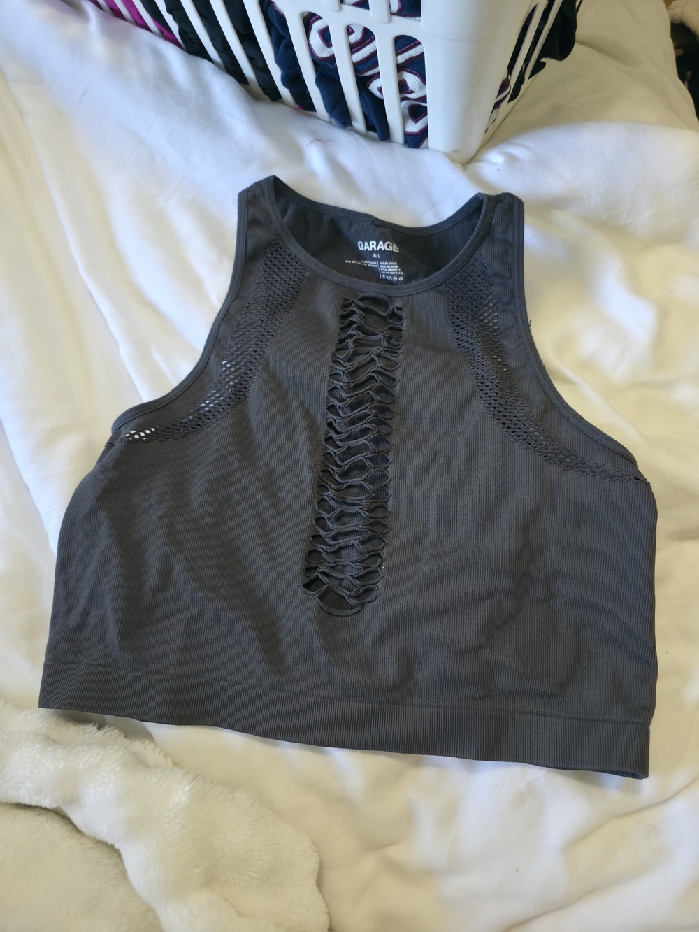 Garage Dark Charcoal Lace-Up Ribbed Crop Tank